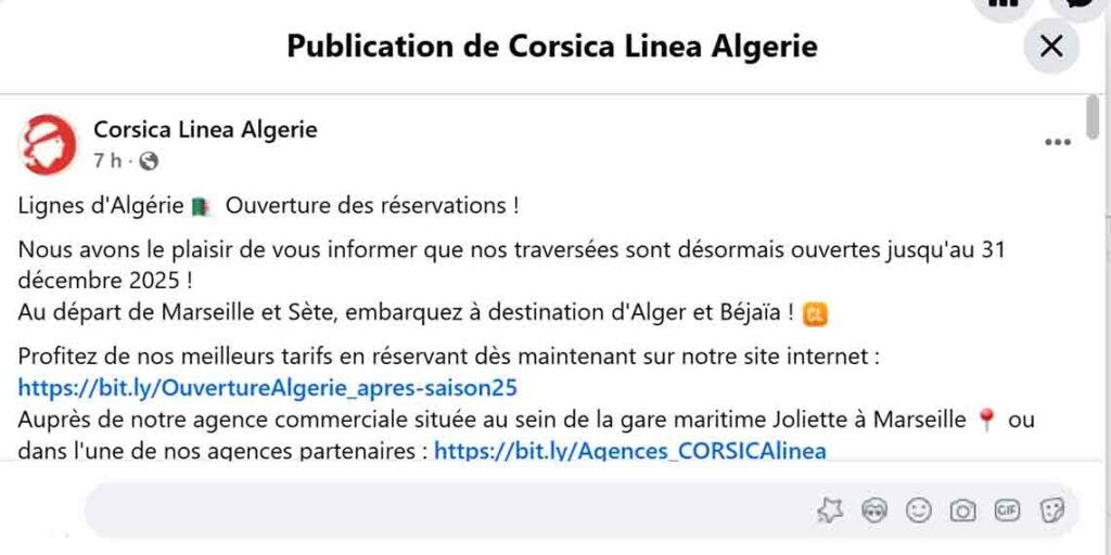 Corsica Línea ouvre les réservations vers l'Algérie