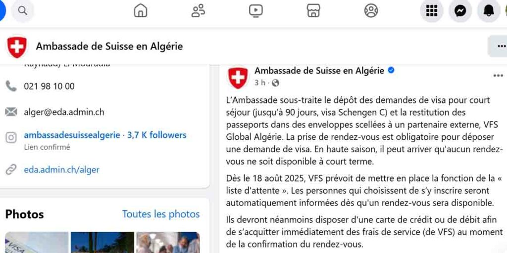 Ambassade de Suisse, Rendez-vous visa Schengen en Algérie