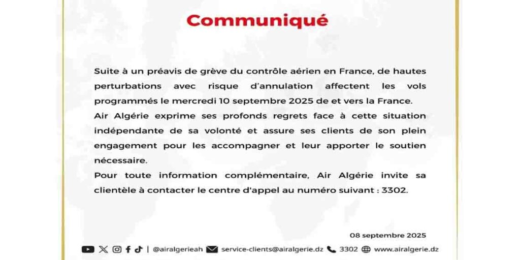 Air Algérie annonce des annulations et des retards le 10 septembre